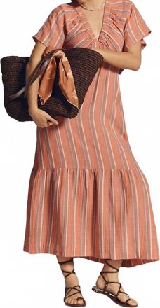 Sundry Gauze Stripe V-Neck Dress In Bright Coral