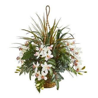 Nearly Natural 29-in Cymbidium Orchid and Mixed Greens Artificial Plant Hanging Basket in White at Nordstrom