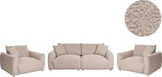 Beliani Conjunto De Sala De Estar Moderno 5 Plazas De Boucl&eacute; Con Cojines Decorativos Sof&aacute; Y Sillones Con Patas De Madera Gris Pardo Jubek