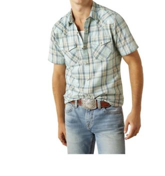 Ariat Mens Hinkle Retro Snap Short Sleeve Shirt In Aqua