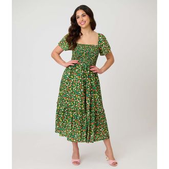 Unique Vintage Smocked Bodice Midi Dress in Green Strawberry Print at Nordstrom, Size X-Large