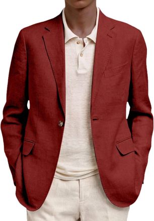 Generic Mens Blazer Jacket - Cotton Linen Fabric, Regular Fit, Two-Button Closure, Herringbone Pattern, Versatile Sports Coat for Suits(Wine, XXXL)