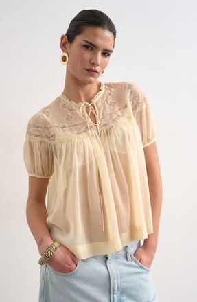 Topshop Sheer Tie Neck Lace Trim Top in Ivory at Nordstrom, Size 12 Us