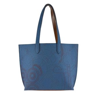 Herm&egrave;s Blue Brown Felt Leather Shoulder Bag Tote Bag (Pre-Owned)