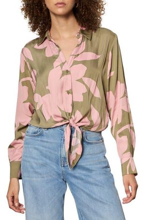 Sanctuary Lover Print Tie Hem Crop Sateen Shirt in Pink Silhouette at Nordstrom, Size Xx-Large P