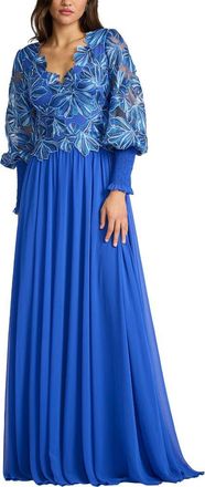 Tadashi Shoji Embroidered Bodice Long Sleeve Gown in Blue Lagoon at Nordstrom, Size 10