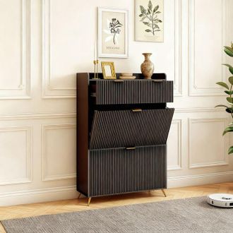 OEM Pocketpop Mueble Para Zapatos - 2 Puertas Abatibles Y 2 Cajones - Mueble De Entrada - 80 X 24 X 110 Cm - Negro