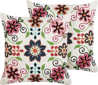 Beliani Beliani - Conjunto De 2 Cojines De Algod&oacute;n Blanco Rosa Verde 50 X 50 Cm Lana Bahraich