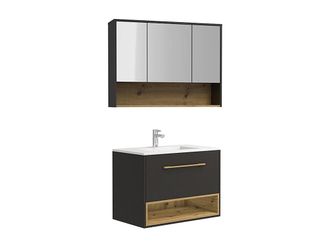 Vente-Unique Mueble de ba&ntilde;o suspendido antracita con lavabo encastrable y armario de toilette - 80 cm - YANGRA
