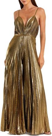 Mac Duggal Petite Metallic Pleated Wide-Leg V-Neck Jumpsuit in Antique Gold at Nordstrom, Size 12