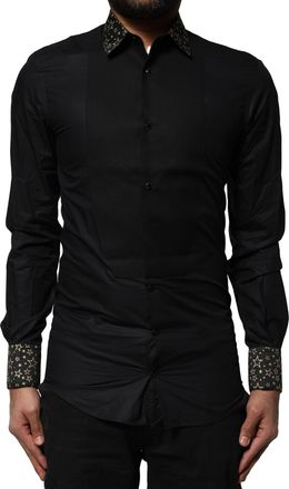 Dolce & Gabbana Black Cotton GOLD Long Sleeves Dress Mens Shirt (Pre-Owned)