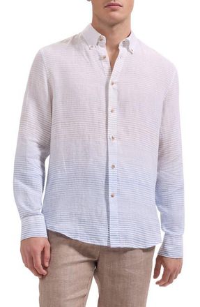 Bugatchi Austin Shaped Fit Gradient Stripe Linen Button-Down Shirt in Air Blue at Nordstrom, Size Xxx-Large