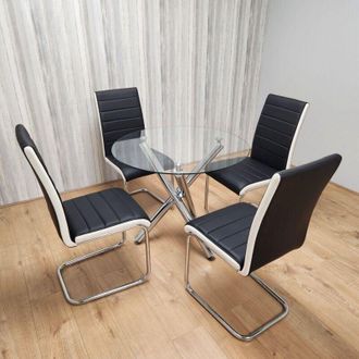 Kosy Koala Kosy Koala - Dining Table and 4 Chairs Clear Glass Round Chrome Legs Table 4 Black WhiteLeather Chairs Dining Room