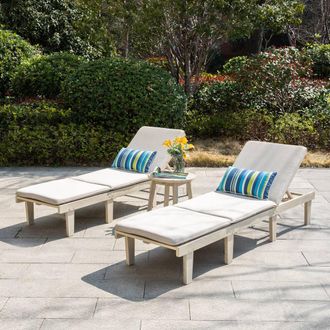 Direct Wicker Acacia Wood Adjustable Twin Lounge with Side Table in Cream | Size: 2 Person