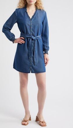Cloth & Stone Ruffle Trim Tie Waist Denim Dress in Dark Twilight Wash at Nordstrom, Size X-Small