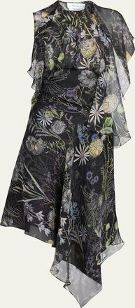 Alexander McQueen Floral-Print Asymmetric Ruffle Midi Dress