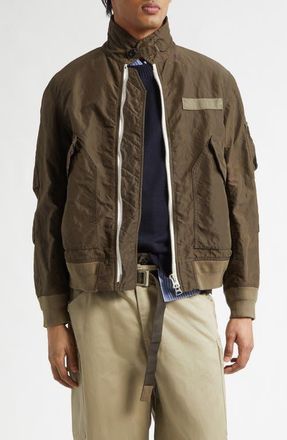 sacai Treated Nylon Twill Jacket in Dark Khaki at Nordstrom, Size 4