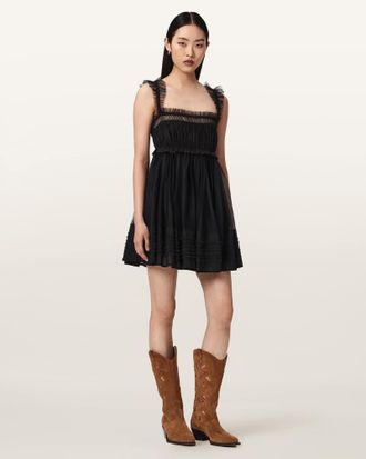 AllSaints Polyester Angela Gathered Frill Mini Dress, Size: UK 14/US 10