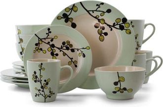 Elama Retro Bloom 16 Piece Luxurious Stoneware Dinnerware with Complete Setting for 4 in Green at Nordstrom