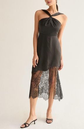 Crescent Lace Hem Satin Halter Midi Dress in Black at Nordstrom, Size Large