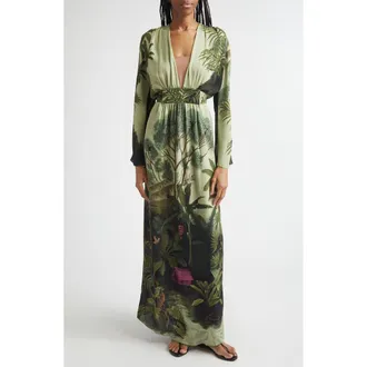Johanna Ortiz Rodeo Rhythms Long Sleeve Silk Maxi Dress in Green at Nordstrom, Size 6
