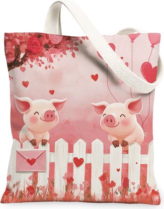Generic Valentines Day Pig Canvas Tote Bag for Shopping 13x15, Farmhouse Country Animal Couple Reusable Grocery Print Pattern Bag for Women, Lover Beach Aesth