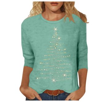 Generic Women Christmas Shirt Sparkly Tree Print Round Neck Pullover 34 Sleeve Casual Tunic Blouse Holiday Winter Top Waist Design Elegant Printed Clothing Ou