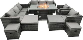 Fimous Fimous Rattan Garden Furniture Firepit Dining Set 12 Seater Lounge Sofa Table Set with 2 big Footstool
