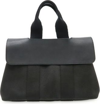 Herm&egrave;s Valparaiso Black Toile Chevron Leather Handbag Tote Bag (Pre-Owned)