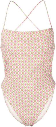 Tory Burch patterned cross-strap swimsuit - women - Polyamide/Polyamide/Spandex/Elastane/Spandex/Elastane - L - Neutrals