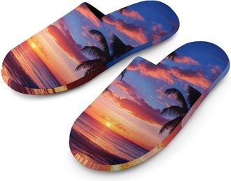 Generic Sunset with Palm Trees Beach Mens Slippers Flannel Warm House Shoes with Rubber Anti-Slip Sole Slip On for Home Outdoor