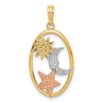 Diamond2Deal 14k Two-tone Gold White Rhodium Sun, Moon and Star Oval Pendant