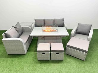 Fimous Patio PE Wicker 9 Seater Outdoor Rattan Furniture Sofa Sets w/ Firepit Dining Table Reclining Chair Loveseat Sofa 3 Seater Sofa Stool Side