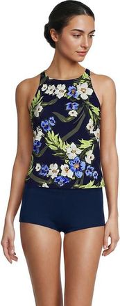 Lands End D-Cup Tugless High Neck Strappy Back Tankini Top in Deep Sea/blue Floral Tropic at Nordstrom, Size 4