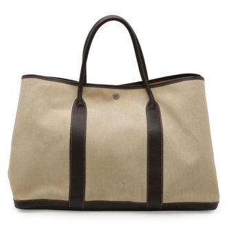 Herm&egrave;s Beige Dark Brown Toile H Leather Handbag Tote Bag (Pre-Owned)