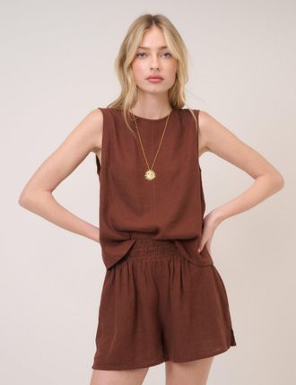 Nobody's Child Brown Linen-Blend Elasticated Waist Shorts