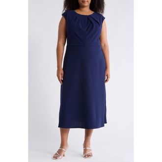 OLEG CASSINI Pleated Neck Scuba Knit Midi Cocktail Dress in Navy at Nordstrom Rack, Size 1 X