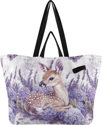 Generic Deer Flowers Purple print Reusable Canvas Tote Bag, Heavy Duty Grocery Shopping Bag with Double Handles Hard Bottom Large Capacity Work Groceries Trav
