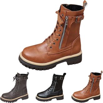 Generic Ankle Boots for Women White Combat Boots Lace Up School Shoes with Side Zipper Chunky Lug Sole Waterproof Warm Casual Shoes Princess Footwear for Autu