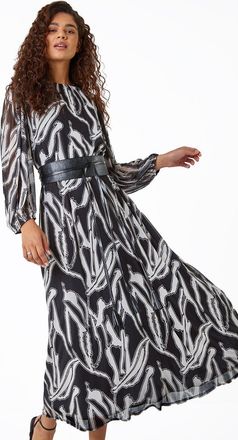 Roman Abstract Print Belted Midi Stretch Dress