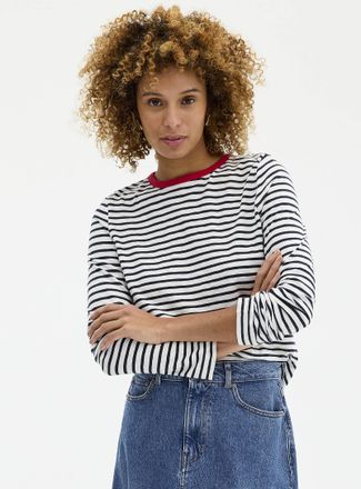 Contemporaine Womens Contrasting collar striped slub T-shirt