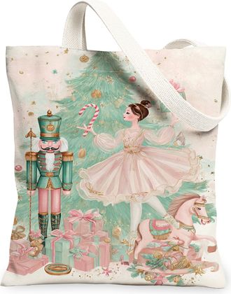 Generic Christmas Vintage Canvas Tote Bags, Nutcracker Ballet Pattern Reusable Grocery Bags, Lightweight Washable Shoulder Strap Fo, Peach, 13x15 Inch