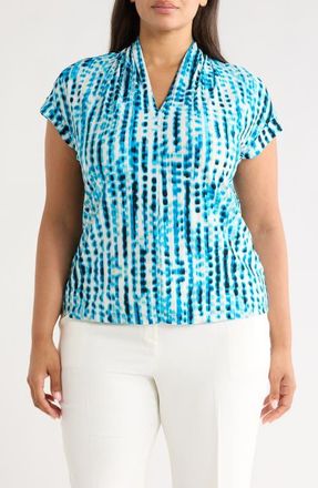 Kasper Blurred Line Print Stretch Crepe Top in Bright Azul Multi at Nordstrom, Size 1X