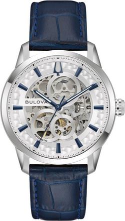 Bulova Sutton Skeleton Automatic Leather Strap Watch, 40mm in Blue at Nordstrom