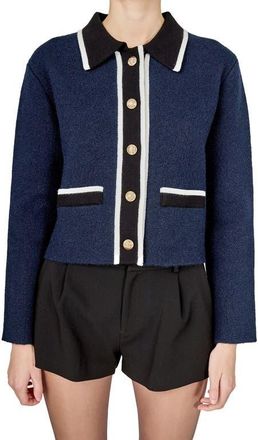 English Factory Contrast Placket Cardigan in Navy/White at Nordstrom, Size X-Small
