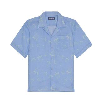 Vilebrequin Linen Bowling Shirt Bubble 3D - Heren - Korte mouwen Overhemden - Blauw - 2XL - Wol - Overhemden