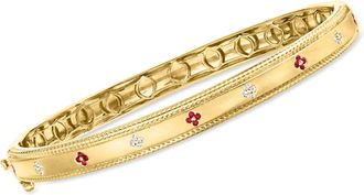 Ross-Simons Ruby and Diamond-Accented Flower Bangle Bracelet in 18kt Gold Over Sterling