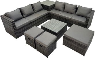 Fimous 9 Seater Garden Outdoor Rattan Furniture Set Patio Corner Sofa Coffee Table with 3 Stools Dark Grey - Fimous