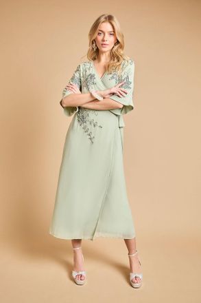 Oasis Womens Kimono Sleeve Trailing Embellished Maxi Dress - Green
