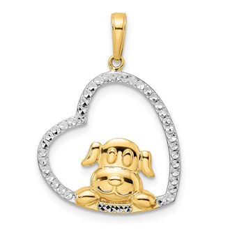 Diamond2Deal 14k Yellow Gold White Rhodium Diamond-Cut Puppy in Heart Pendant